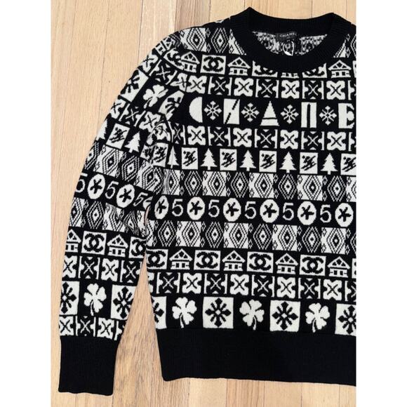 Chanel 19B Coco Neige Ski Black White CC Long Sleeve Cashmere Jumper Sweater 38 - Picture 4 of 16